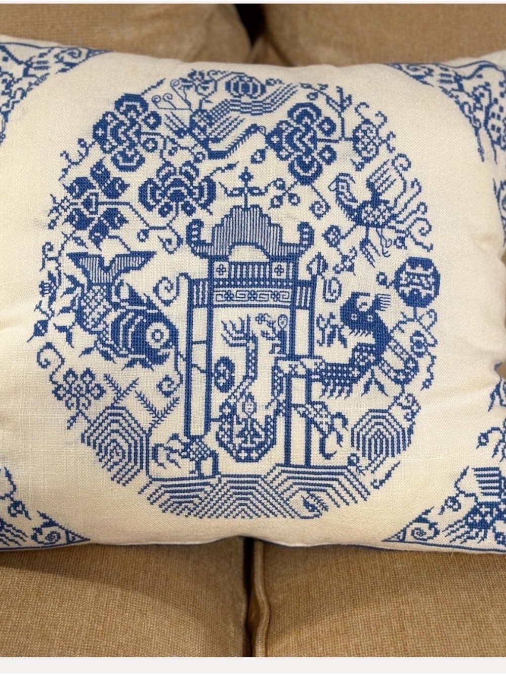 Vintage Blue and White Petit Point Decorative Pillow Classic Chinoiserie Accent